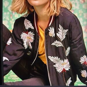 Anthropologie Elevenses Black Floral Embroidered Solstice Bomber Jacket